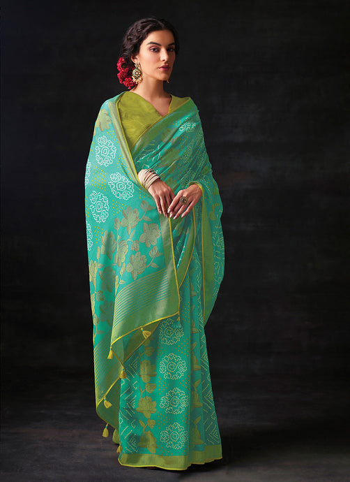 Sea Green Bandhani Style Saree With Contrast Blouse