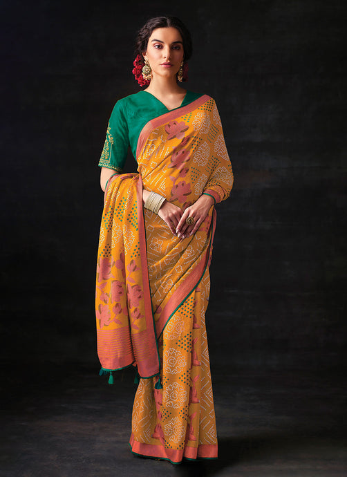 Mustard Color Bandhani Style Saree With Contrast Blouse