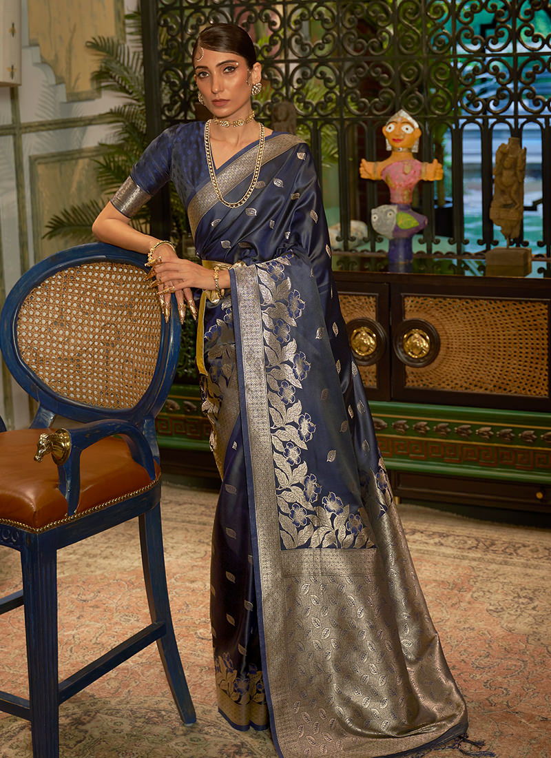 Half sleeves Navy Blue Color Silk Weaving Saree