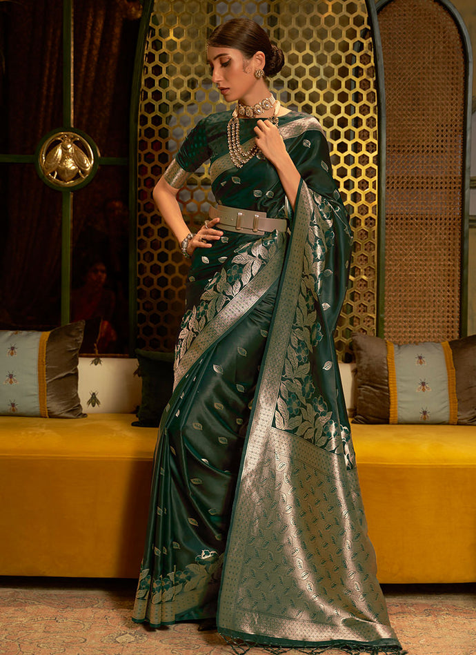 Half sleeves Dark Green Color Silk Weaving Saree