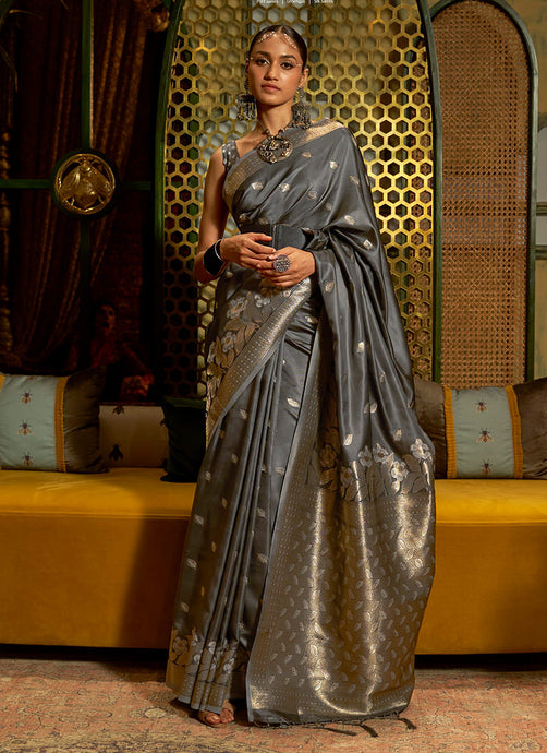 Sleeveless Grey Color Silk Weaving Saree