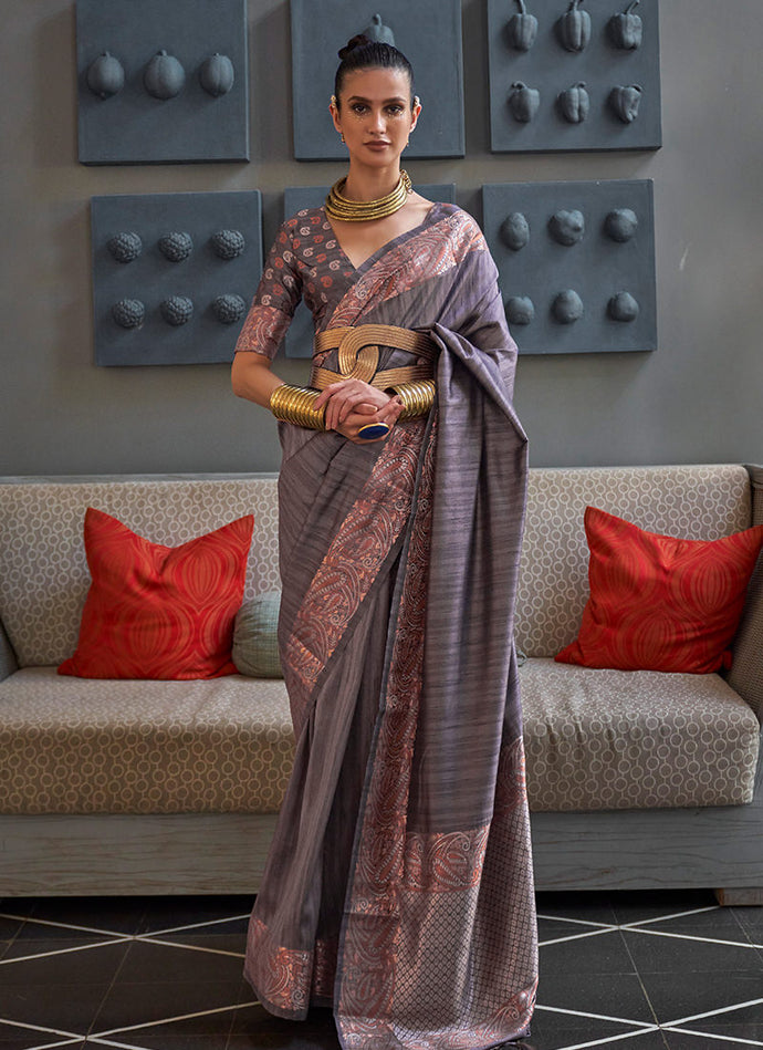 Grey Color Copper Zari Weaving Silk Saree
