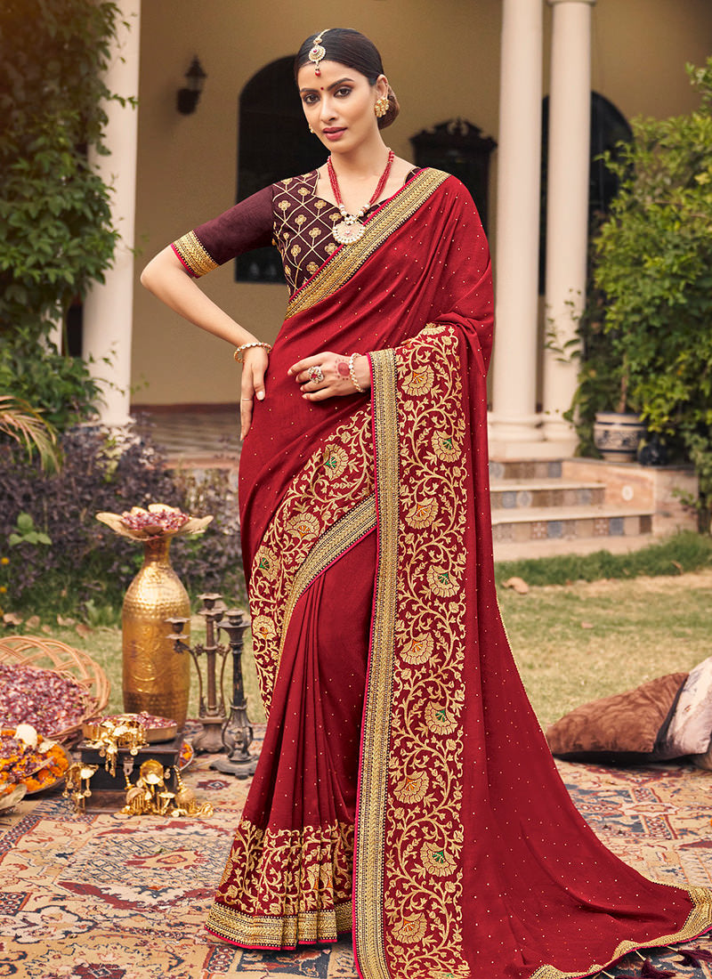 Silk Cotton Fabric Maroon Color Digital Printed Saree & Blouse piece