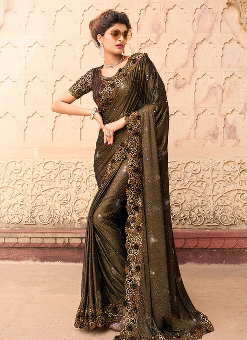 Mirror With Sequins Work Chocolate Brown Saree