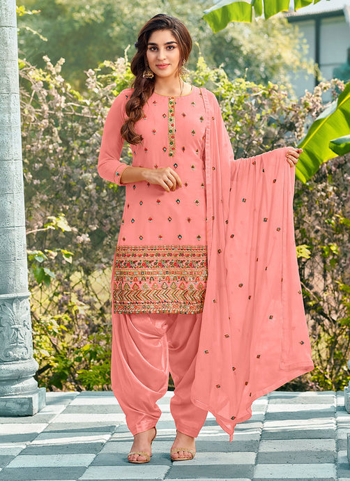 Sequins Embroidery Peach Patiala Suit