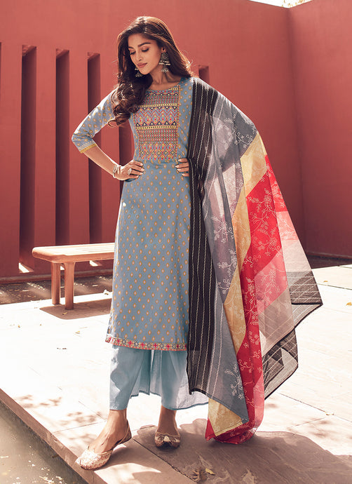 Sky Blue Straight Suit Palazzo With Dupatta