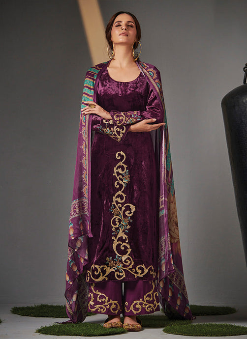 Wine Color Velvet Salwar Suit With Printed Dupatta