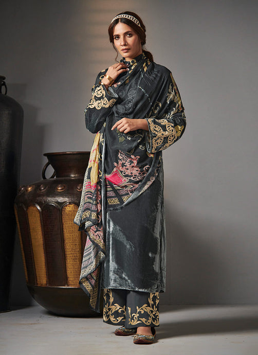 Grey Color Velvet Salwar Suit With Printed Dupatta