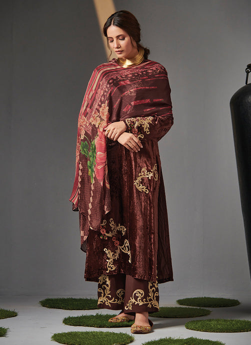 Brown Color Velvet Salwar Suit With Printed Dupatta