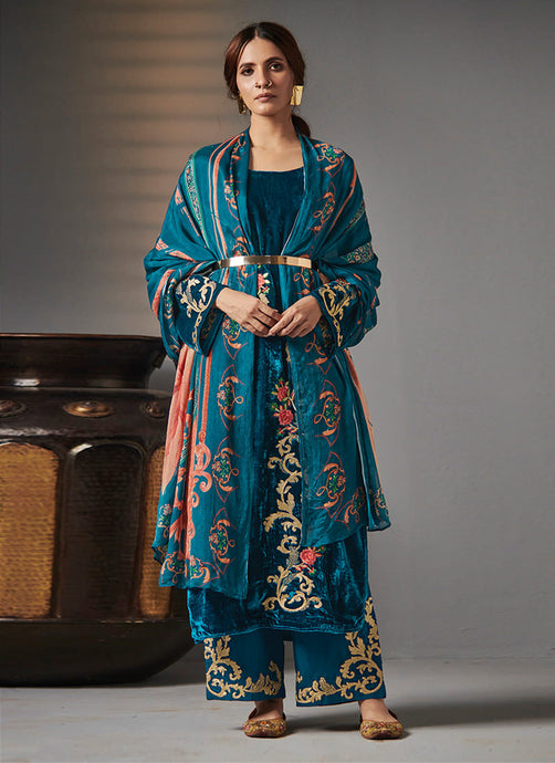 Teal Blue Velvet Salwar Suit With Printed Dupatta