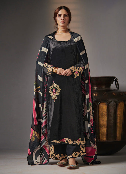 Black Velvet Salwar Suit With Printed Dupatta