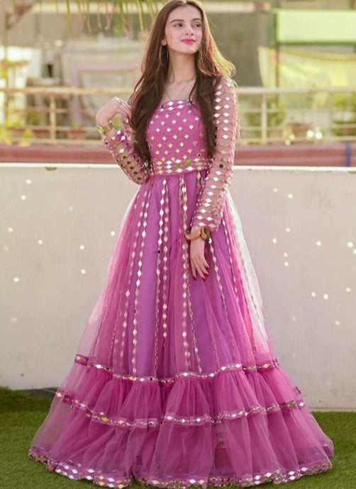Pink Color Soft Net Material Mirror Work Partywear Gown