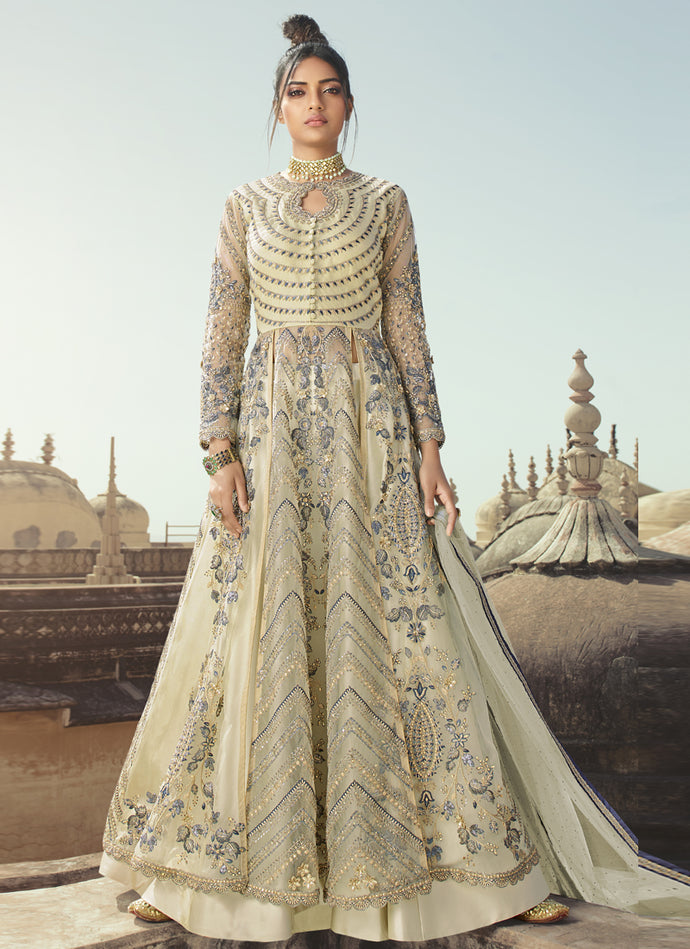 Beautiful off-white colored heavy work embroidered Pakistani suit