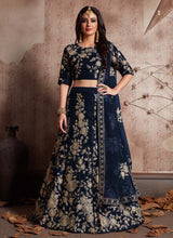 Load image into Gallery viewer, navy blue stylish weddingwear heavy work embroidery velvet base lehenga choli
