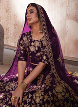 Load image into Gallery viewer, online purple stylish weddingwear heavy work embroidery velvet base lehenga choli
