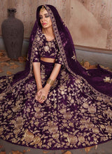 Load image into Gallery viewer, purple stylish weddingwear heavy work embroidery velvet base lehenga choli
