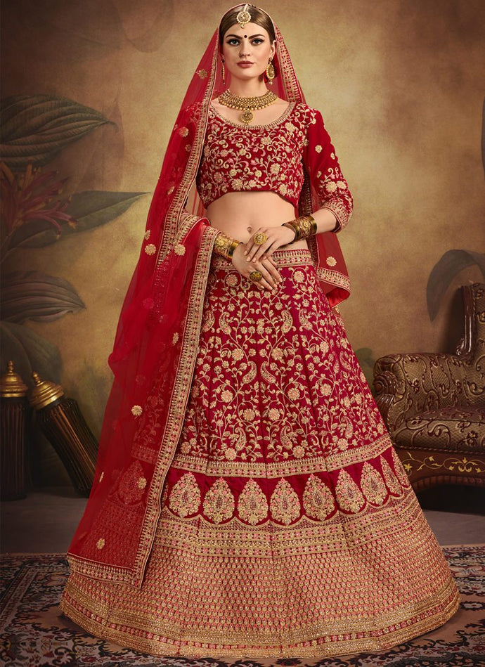 bridalwear red colored velvet base heavy embroidery designer lehenga choli