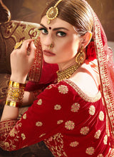 Load image into Gallery viewer, online bridalwear red colored velvet base heavy embroidery designer lehenga choli
