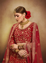 Load image into Gallery viewer, shop bridalwear red colored velvet base heavy embroidery designer lehenga choli
