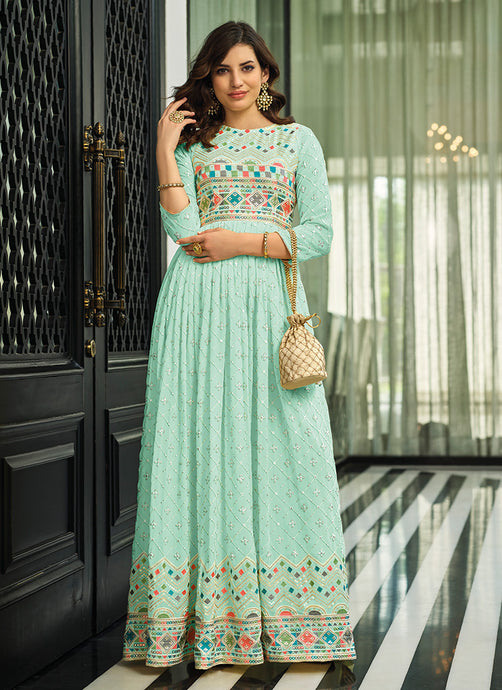 Thread Work Turquoise Georgette Gown