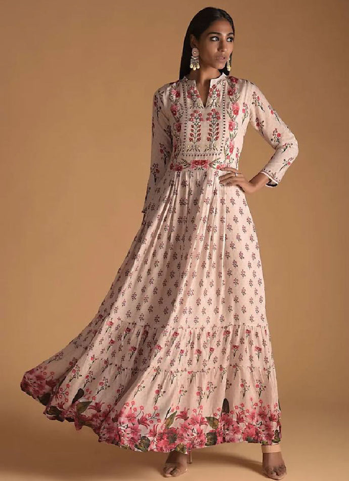 Appealing Look Pink Color Silk Material Printed Designer Gown