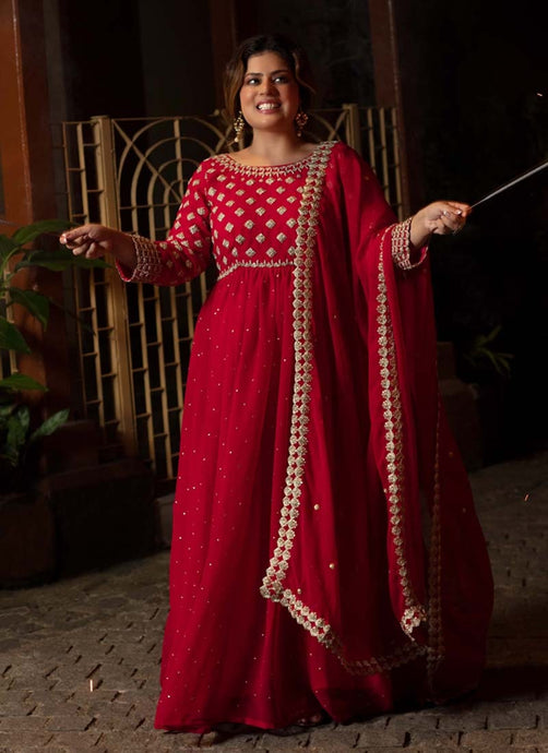 Amazing Georgette Fabric Red Color Zari Work Festive Wear Gown