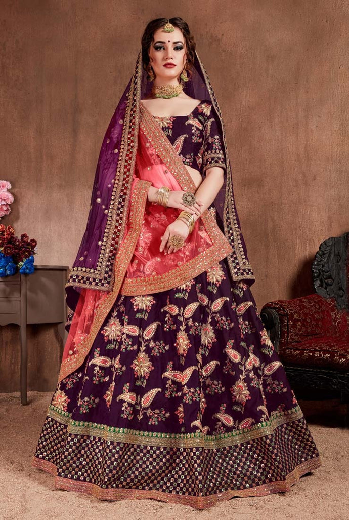 weddingwear dark purple colored heavy work silk base lehenga choli