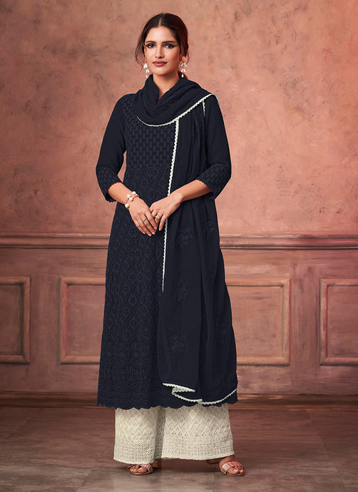 Embroidery Work Navy Blue Georgette Palazzo Suit