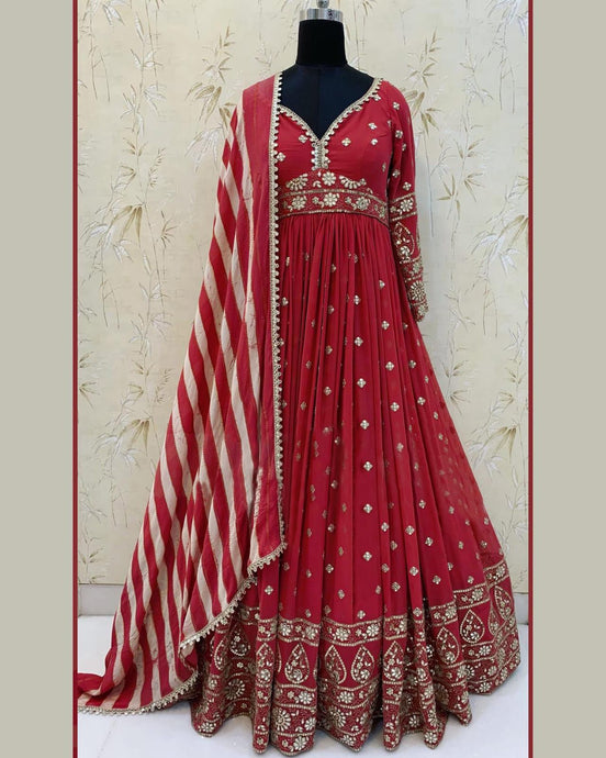 Deep Neckline Red Color Fully Sequins Work Gown With Striped Dupatta