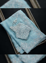 Load image into Gallery viewer, online Magnificent aqua blue colored heavy work embroidered saree
