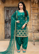 Load image into Gallery viewer, delightful green color silk base mirror work patyala style salwar kameez

